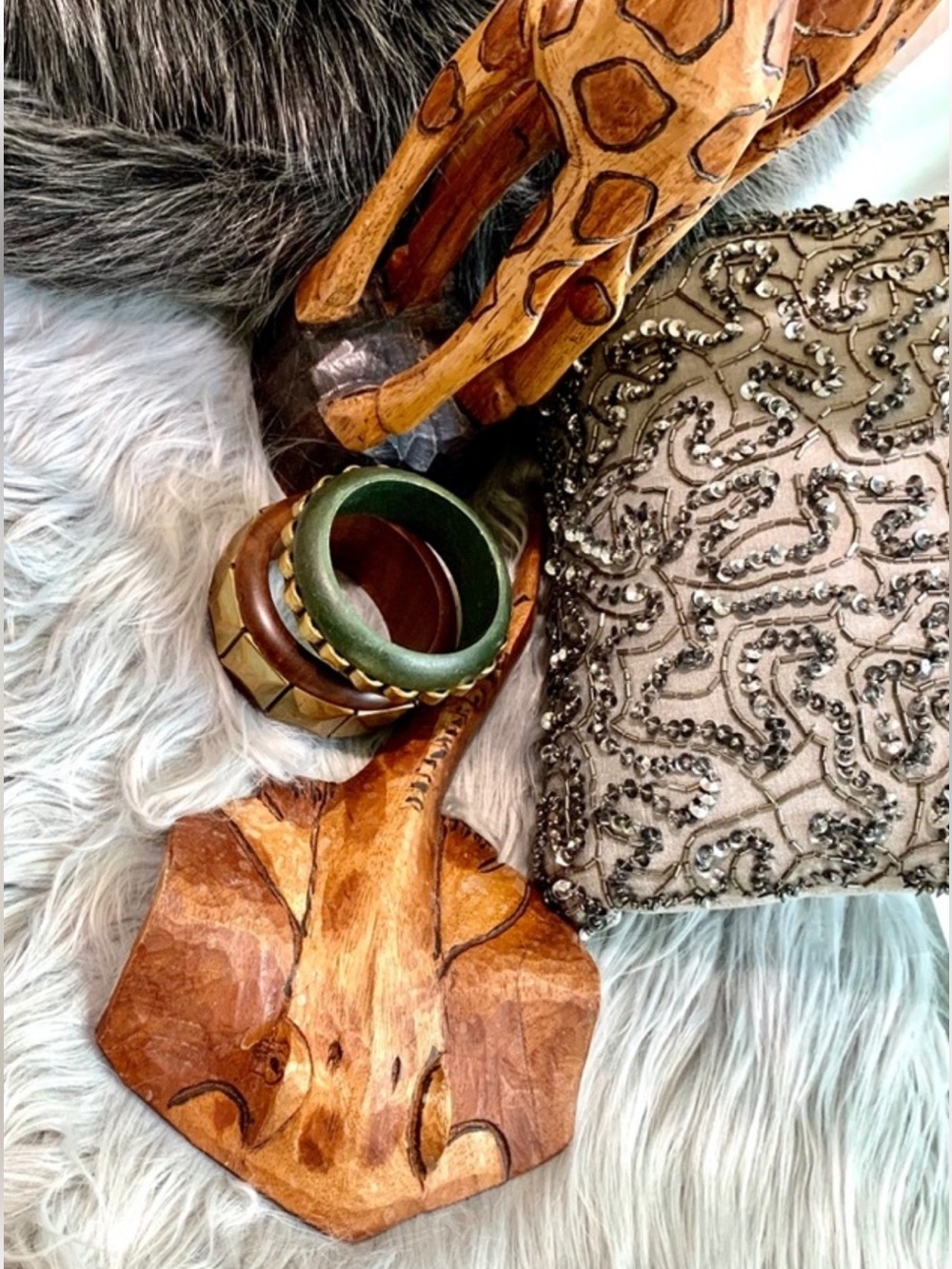 BROWN AND GREEN RUSTIC FAUX WOOD   BRUSHED GOLD ACCENT WRIST CUFF BRACELET SET
